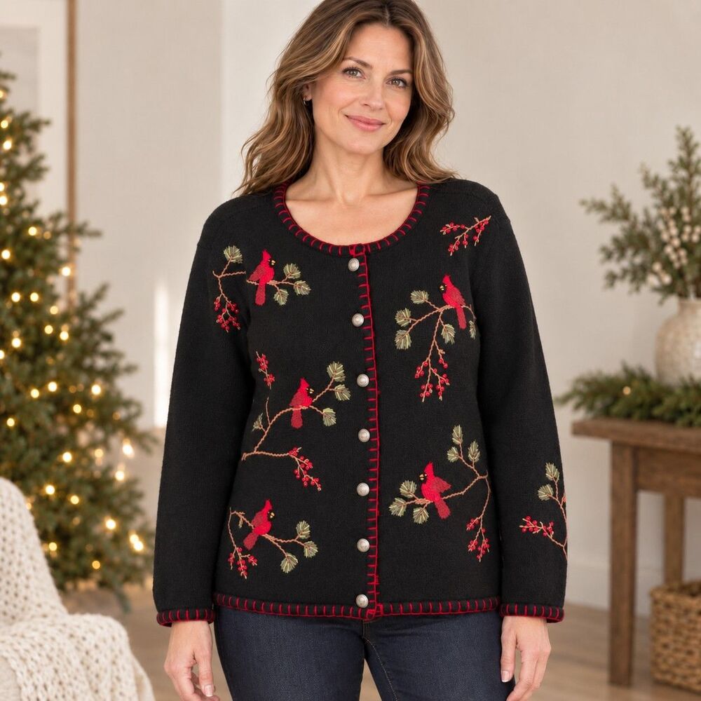 Coldwater Creek XL Cardinal Sweater Red Bird Winter Cardigan Holiday Christmas